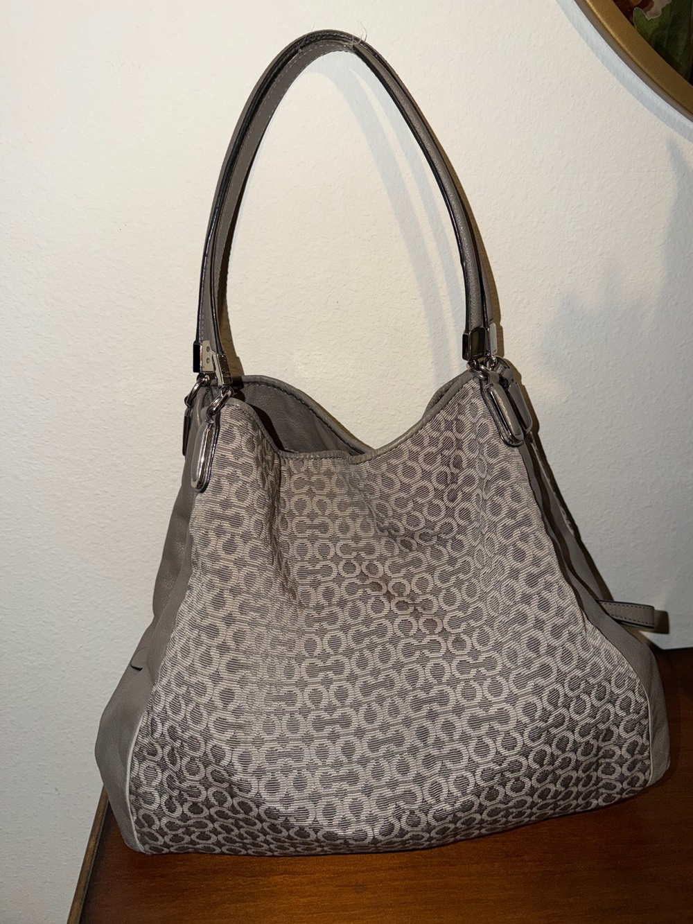 Coach Edie 31 Gray Canvas Signature-Pattern Hobo Shoulder Bag